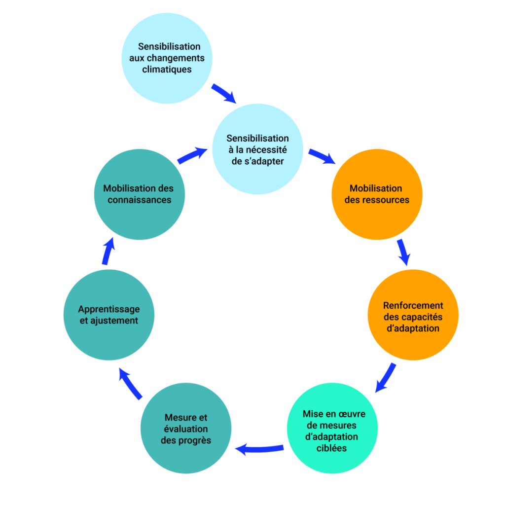 Diagramme circulaire illustrant les huit étapes du cycle d’adaptation aux changements climatiques. Le cycle commence dès que l’on prend conscience des changements climatiques et que l’on reconnaît la nécessité de s’y adapter. La mobilisation des ressources et le renforcement des capacités d’adaptation s’ensuivent. Ensuite, les mesures d’adaptation ciblées sont mises en œuvre, ce qui entraîne une série d’étapes comme la mesure et l’évaluation des progrès, la phase d’apprentissage et d’ajustement et, enfin, la mobilisation des connaissances.